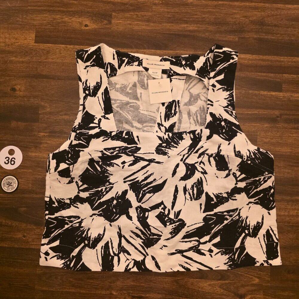 Club Monaco Top Womens XS Black White Floral Linen Blend Shell Blouse NWT